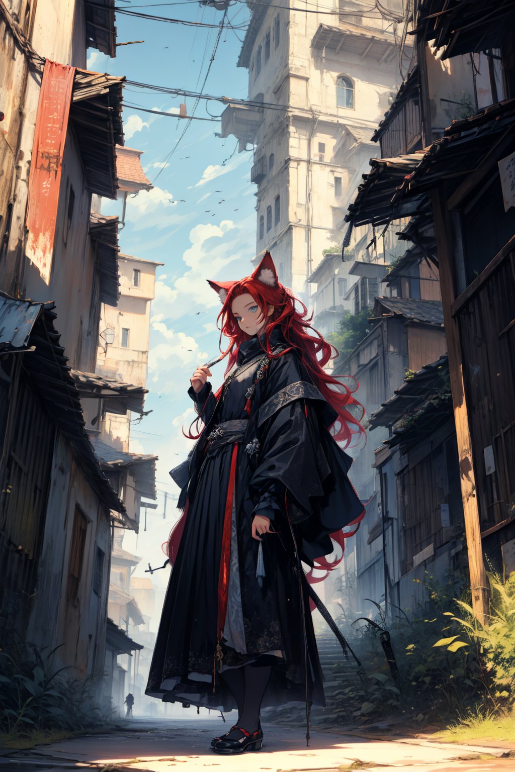 In a dark color painting, a girl（15yo） with long red hair, stands in the center of the painting, occupying one third of the painting. She wears shabby clothes. The girl has cool blue eyes, dark red hair, and cat ears. Her costume trim has some damage and stains. There is a medieval castle in the main visual background, and the surrounding environment is a dilapidated and gloomy city. The scene is set against a cloudy sky, adding to the authenticity of the painting.