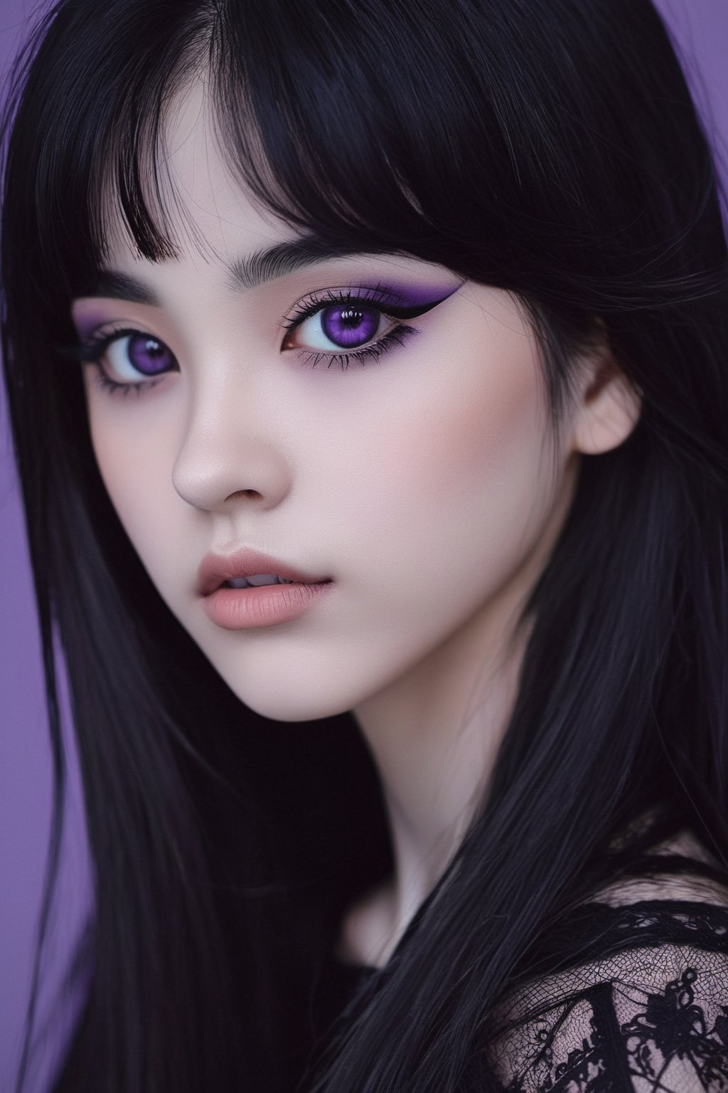 (((masterpiece))) anime style, cartoon, comic, anime comic, medium dark colors, soft tones, lighting details, generates an image of a 20-year-old a single gothic girl, black painted lips, pastel purple eyes, long black hair dark pastel purple background, the girls hair reaches her eyebrows, defined eyebrows