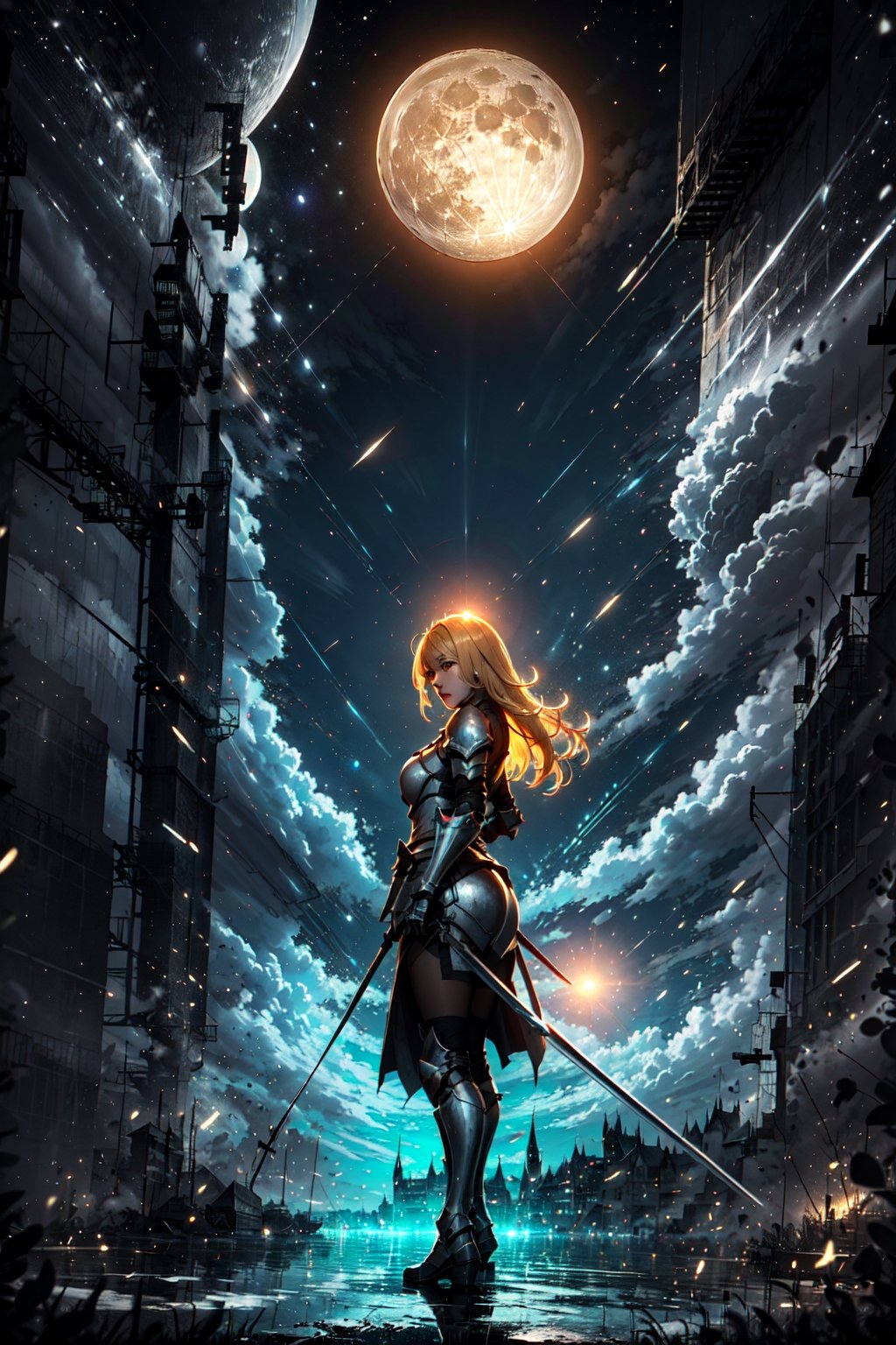 Blonde female knight is the main character occupying half of the photo
There is a large castle in the background, and the castle is full of war.
There is a big moon