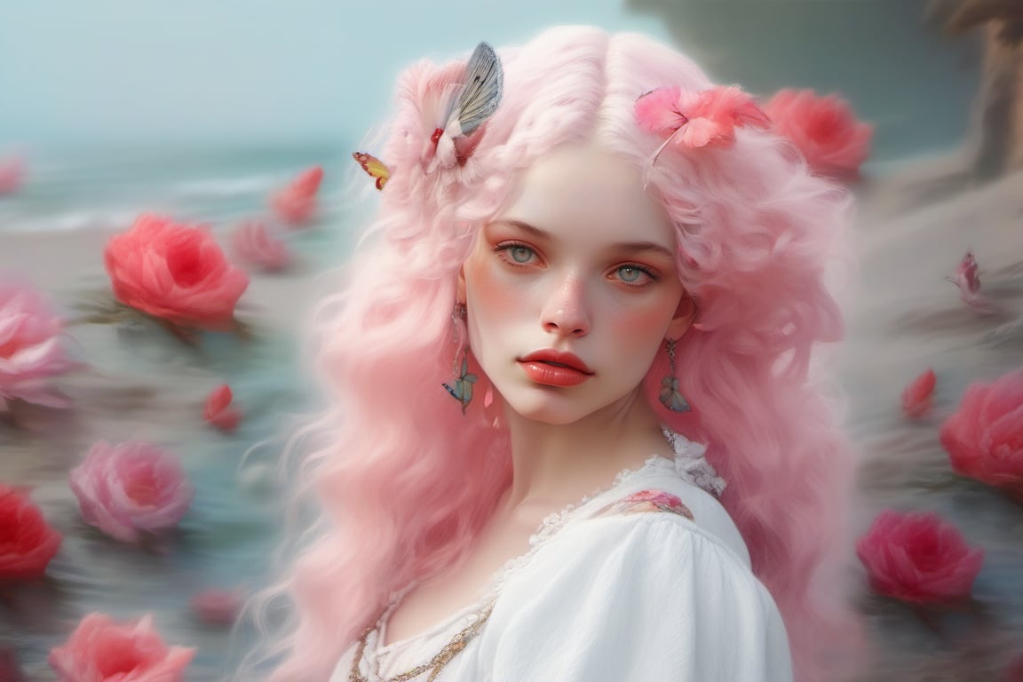 Creat a masterpiece of a striking model german woman, use soft pastel colors, ocean breeze, butterflies, birds, fairy, pink hair, wavy hair, red lips.