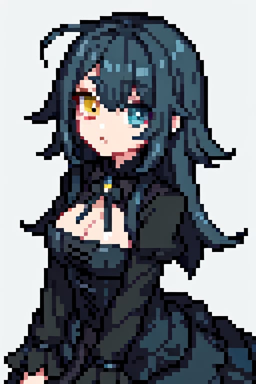 I want a curvy girl with heterochromia in her eyes,  eyes blue eye and yellow eye, she has long blue hair and is dressed in black gothic clothes.,heterochromiaEyes,GothGal,Pixel art,Pixel world