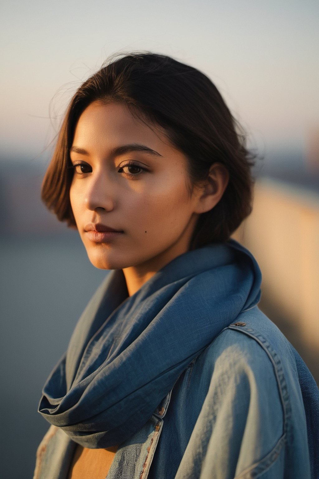 A portrait against the backdrop of dusk, the subject's face is alight with a soft, contemplative gaze. A gentle smile plays at the corners of the lips, a silent testament to inner peace. They are clad in a timeless denim jacket, a scarf loosely draped, signaling a casual grace. The sunlight angles in from the side, casting a golden hue that outlines their profile in a delicate silhouette. Behind them, the scene blurs into an impressionist painting of urban life, with the muted colors of the cityscape hinting at the tranquil end of a day, the weather cool and forgiving.