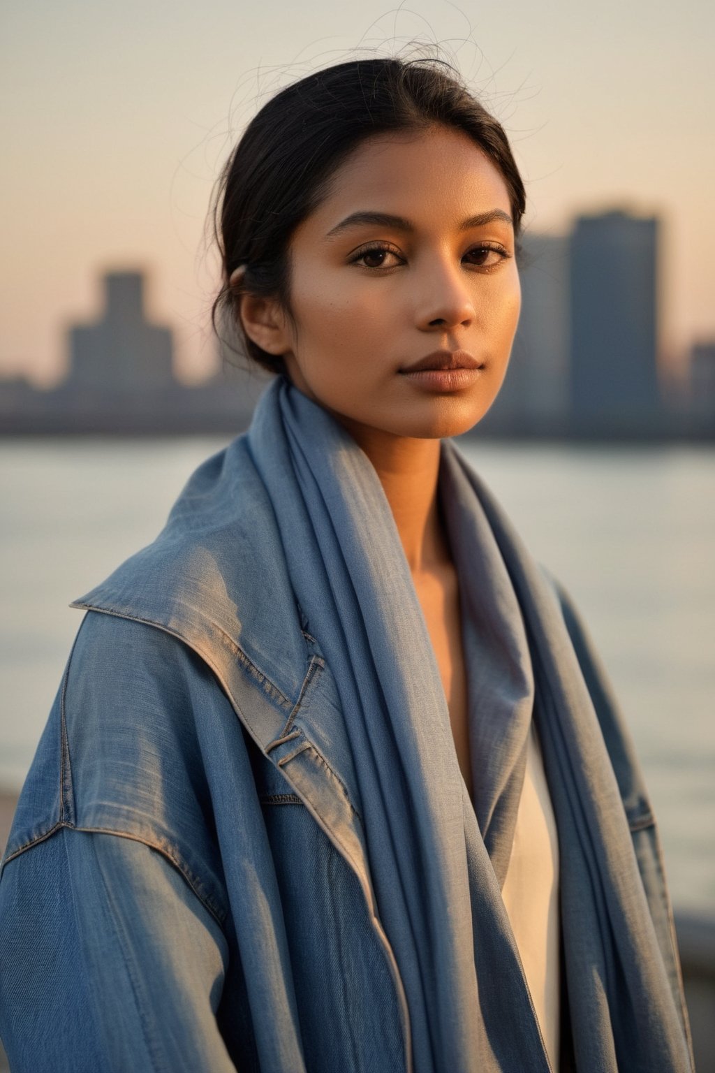 A portrait against the backdrop of dusk, the subject's face is alight with a soft, contemplative gaze. A gentle smile plays at the corners of the lips, a silent testament to inner peace. They are clad in a timeless denim jacket, a scarf loosely draped, signaling a casual grace. The sunlight angles in from the side, casting a golden hue that outlines their profile in a delicate silhouette. Behind them, the scene blurs into an impressionist painting of urban life, with the muted colors of the cityscape hinting at the tranquil end of a day, the weather cool and forgiving.