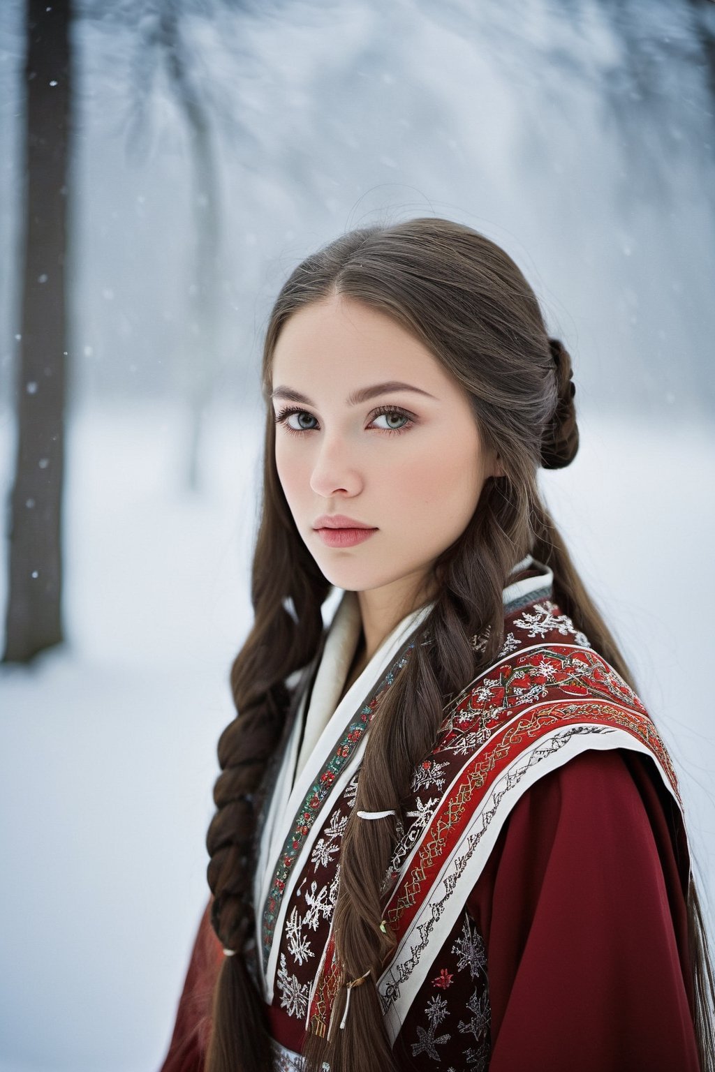 Captured by a Nikon digital camera, the photo depicts a Russian girl with striking features. Her face exudes a mix of curiosity and serenity, framed by long, flowing dark hair. She wears a traditional Russian attire, complete with intricate embroidery and vibrant colors. The lighting angle creates a soft glow, enhancing her beauty. The background showcases a picturesque snowy landscape, adding a sense of tranquility to the scene. The weather appears cold, with a light snowfall in the air. Overall, the image captures a moment of ethereal beauty in a winter wonderland setting.