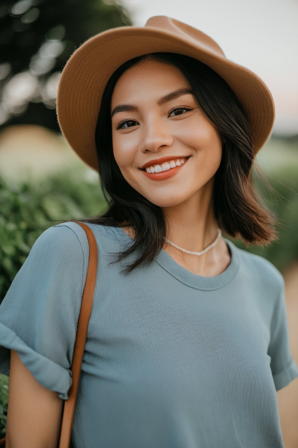 The digital camera used for this photo is a Sony Alpha A7III, capturing the image from a high angle. The photo shows a person with a bright smile on their face, striking a confident pose. They are wearing a casual outfit with a stylish hat. The lighting is soft and natural, highlighting their features beautifully. In the background, there is a serene landscape with lush greenery and a clear blue sky. The weather is sunny and pleasant, adding a warm glow to the overall image.