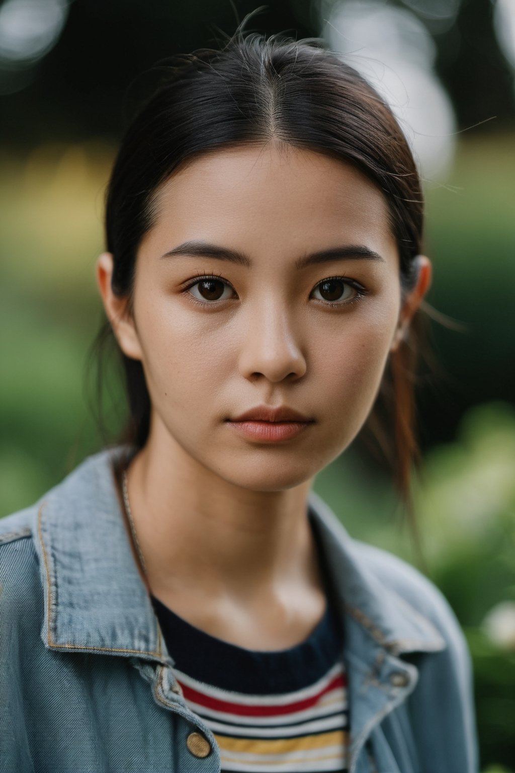 The digital camera, a Fuji X-T3, captured a close-up shot of a person with a serene expression on their face. The individual is wearing a casual outfit, with a striped t-shirt and jeans. The lighting is soft and natural, emphasizing the person's features. In the background, there is a lush green garden with colorful flowers blooming. The weather is sunny with a few fluffy clouds in the sky. Overall, the image conveys a sense of tranquility and harmony with nature.