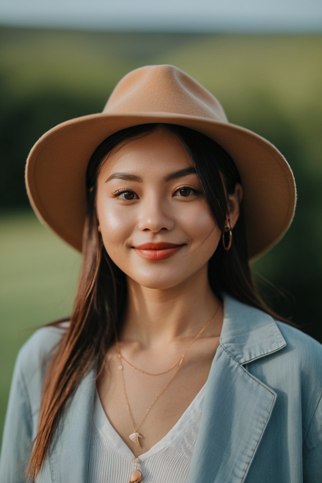 The digital camera used for this photo is a Sony Alpha A7III, capturing the image from a high angle. The photo shows a person with a bright smile on their face, striking a confident pose. They are wearing a casual outfit with a stylish hat. The lighting is soft and natural, highlighting their features beautifully. In the background, there is a serene landscape with lush greenery and a clear blue sky. The weather is sunny and pleasant, adding a warm glow to the overall image.