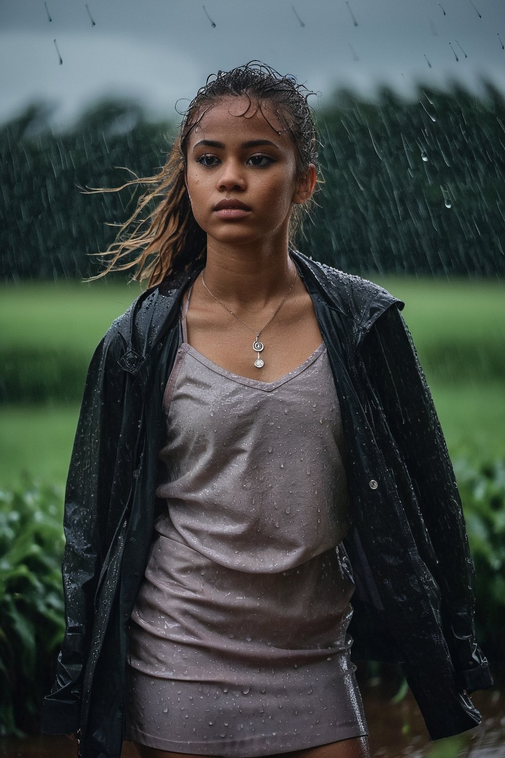 A portrait captured by a Canon Rebel T6i from a low angle, showcasing a girl in a miniskirt under the rain. Her face is illuminated by the soft light filtering through the raindrops, reflecting a mix of determination and vulnerability. Her pose exudes confidence, with one hand on her hip and the other brushing away raindrops from her hair. The rainy weather adds a moody atmosphere to the scene, with dark clouds looming in the background. The girl's outfit is a stylish contrast to the dreary weather, emphasizing her individuality and strength in the face of adversity.