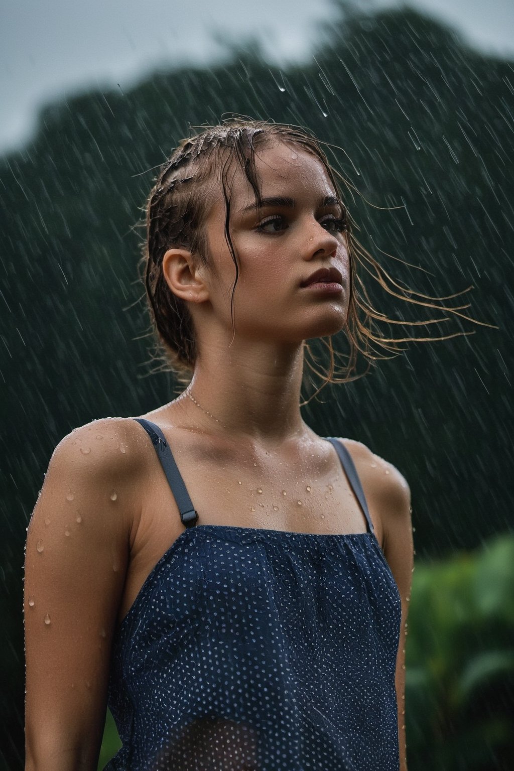 A portrait captured by a Canon Rebel T6i from a low angle, showcasing a girl in a miniskirt under the rain. Her face is illuminated by the soft light filtering through the raindrops, reflecting a mix of determination and vulnerability. Her pose exudes confidence, with one hand on her hip and the other brushing away raindrops from her hair. The rainy weather adds a moody atmosphere to the scene, with dark clouds looming in the background. The girl's outfit is a stylish contrast to the dreary weather, emphasizing her individuality and strength in the face of adversity.