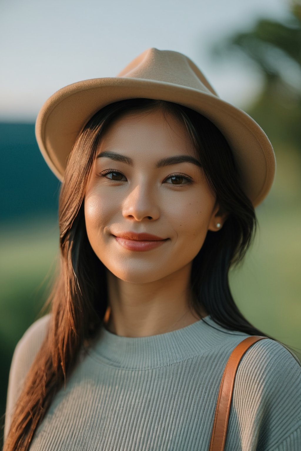 The digital camera used for this photo is a Sony Alpha A7III, capturing the image from a high angle. The photo shows a person with a bright smile on their face, striking a confident pose. They are wearing a casual outfit with a stylish hat. The lighting is soft and natural, highlighting their features beautifully. In the background, there is a serene landscape with lush greenery and a clear blue sky. The weather is sunny and pleasant, adding a warm glow to the overall image.