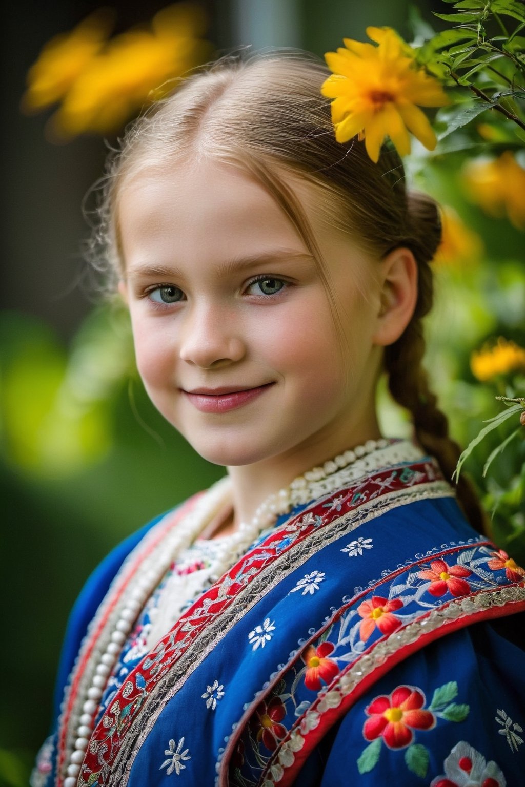 A young Russian girl is captured in a photo taken by a Nikon D7500 digital camera from a low angle. She is wearing a traditional Russian dress with intricate embroidery, and her face is radiant with a smile. The soft lighting highlights her features, emphasizing her blue eyes and fair complexion. The background shows a beautiful garden with colorful flowers blooming, under a clear sunny sky. The warm weather adds a cheerful atmosphere to the image, making the girl's joyful expression even more captivating.