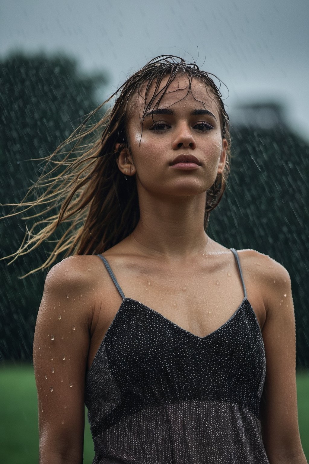 A portrait captured by a Canon Rebel T6i from a low angle, showcasing a girl in a miniskirt under the rain. Her face is illuminated by the soft light filtering through the raindrops, reflecting a mix of determination and vulnerability. Her pose exudes confidence, with one hand on her hip and the other brushing away raindrops from her hair. The rainy weather adds a moody atmosphere to the scene, with dark clouds looming in the background. The girl's outfit is a stylish contrast to the dreary weather, emphasizing her individuality and strength in the face of adversity.