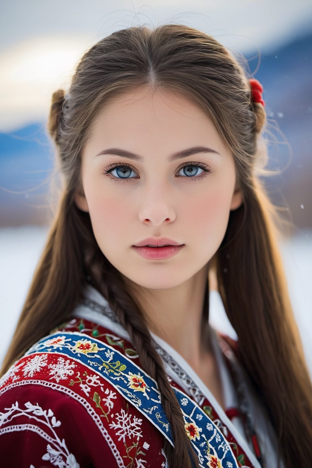 Captured by a Nikon digital camera, the photo depicts a Russian girl with striking features. Her face exudes a mix of curiosity and serenity, framed by long, flowing dark hair. She wears a traditional Russian attire, complete with intricate embroidery and vibrant colors. The lighting angle creates a soft glow, enhancing her beauty. The background showcases a picturesque snowy landscape, adding a sense of tranquility to the scene. The weather appears cold, with a light snowfall in the air. Overall, the image captures a moment of ethereal beauty in a winter wonderland setting.