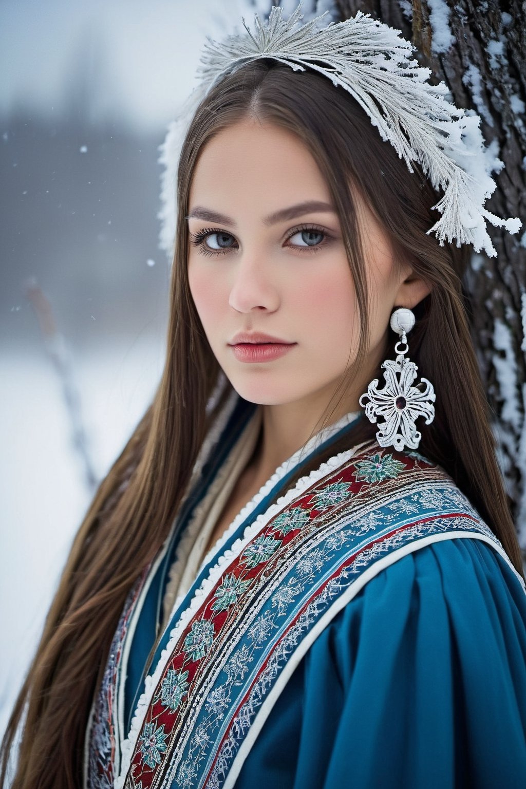 Captured by a Nikon digital camera, the photo depicts a Russian girl with striking features. Her face exudes a mix of curiosity and serenity, framed by long, flowing dark hair. She wears a traditional Russian attire, complete with intricate embroidery and vibrant colors. The lighting angle creates a soft glow, enhancing her beauty. The background showcases a picturesque snowy landscape, adding a sense of tranquility to the scene. The weather appears cold, with a light snowfall in the air. Overall, the image captures a moment of ethereal beauty in a winter wonderland setting.