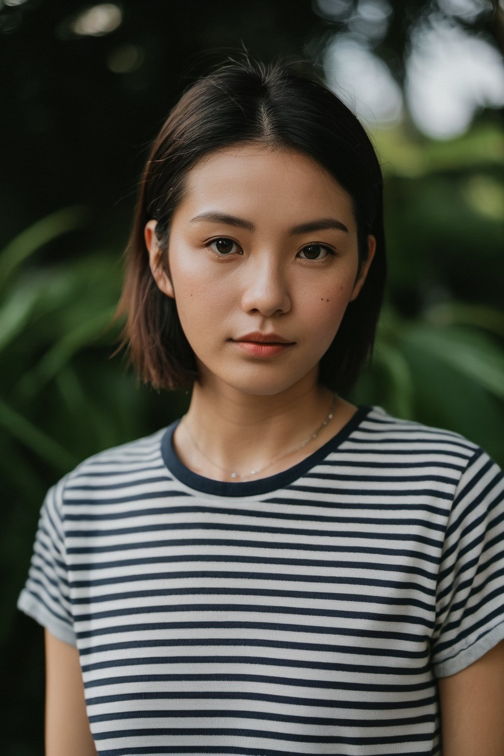 The digital camera, a Fuji X-T3, captured a close-up shot of a person with a serene expression on their face. The individual is wearing a casual outfit, with a striped t-shirt and jeans. The lighting is soft and natural, emphasizing the person's features. In the background, there is a lush green garden with colorful flowers blooming. The weather is sunny with a few fluffy clouds in the sky. Overall, the image conveys a sense of tranquility and harmony with nature.