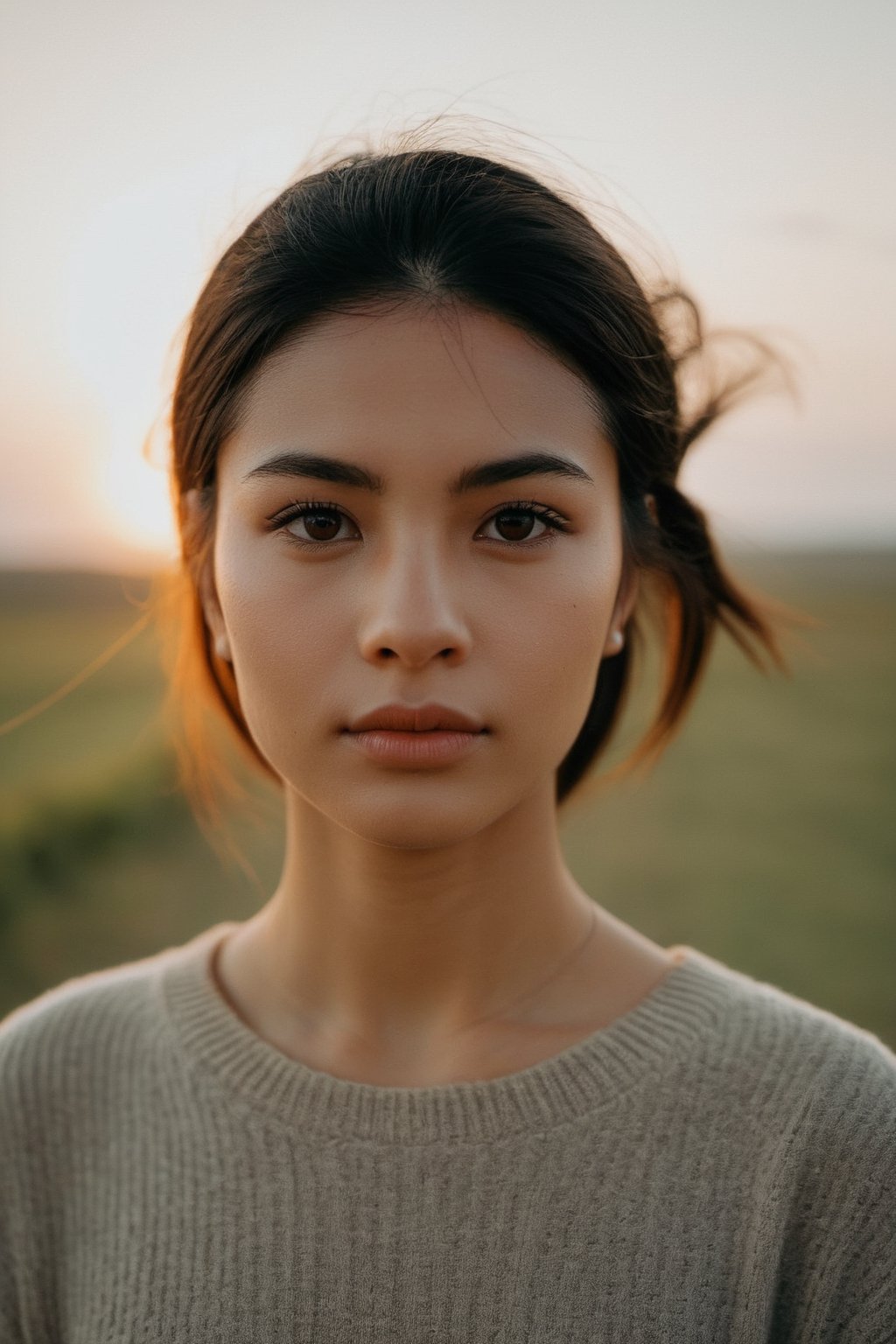 A photo captured by a camera depicts a person's face with a mix of emotions, wearing casual attire. The lighting angle creates a soft glow, highlighting the serene landscape in the background. The weather appears to be mild, enhancing the overall mood of the image.