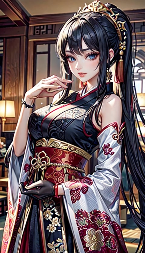 (Extremely detailed CG unified 8k wallpaper), ANCIENT_CHINESE_CASTLE_GARDEN_BACKGROUND, (((Masterpiece))), (((Best Quality))), ((Super Detailed)), (Best Illustration), (Best Shading), ( (Extremely exquisite and beautiful)), embodying the charm of ancient princesses, exuding beauty, sexiness and charm. Mesmerizing eyes convey mystery and seduction. Elegant and charming, with a slender figure and full of mystery. Newer styles of traditional Hanfu have more nudity and are decorated with intricate patterns or ornate details. graceful posture,