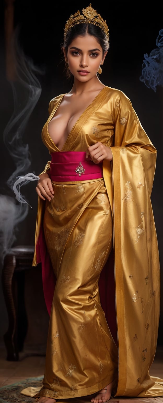 busty and sexy girl, 8k, masterpiece, ultra-realistic, best quality, high resolution, high definition, The figure wears an FLOWER headdress adorned with gold accents and pearls. LOW-CUT, FLOWER PATTERN KIMONO. Gold embroidery and gemstones create a sense of luxury. The fabric drapes elegantly, suggesting a flowing robe or gown. The overall color palette—rich golds and glowing whites. COLORFUL SMOKE BACKGROUND., in the style of esao andrewsbusty and sexy girl, 8k, masterpiece, ultra-realistic, best quality, high resolution, high definition, The figure wears an FLOWER headdress adorned with gold accents and pearls. LOW-CUT, FLOWER PATTERN KIMONO. Gold embroidery and gemstones create a sense of luxury. The fabric drapes elegantly, suggesting a flowing robe or gown. The overall color palette—rich golds and glowing whites. COLORFUL SMOKE BACKGROUND., in the style of esao andrews