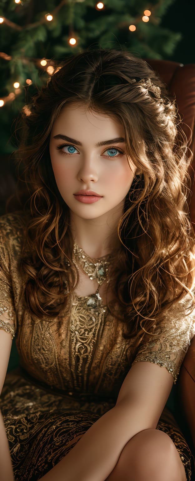 A tenderly lit, warm-toned portrait of a sweet-faced girl with a soft smile, her bright blue eyes sparkling with innocence. She sits comfortably in a plush armchair, wearing a gentle expression, with a few loose strands of curly brown hair framing her heart-shaped face.