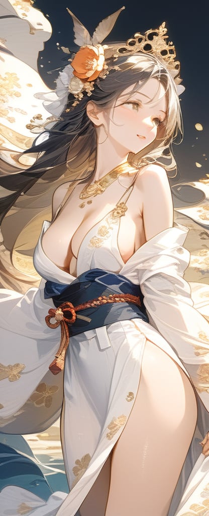 busty and sexy girl, 8k, masterpiece, ultra-realistic, best quality, high resolution, high definition, The figure wears an FLOWER headdress adorned with gold accents and pearls. LOW-CUT, FLOWER PATTERN KIMONO. Gold embroidery and gemstones create a sense of luxury. The fabric drapes elegantly, suggesting a flowing robe or gown. The overall color palette—rich golds and glowing whites. COLORFUL SMOKE BACKGROUND.