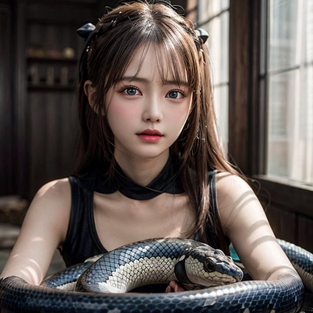 Fantasy, snake and girl look at each other, exaggerated giant snake, beauty, 18yo, warm and harmonious picture, a faint smile, 1girl