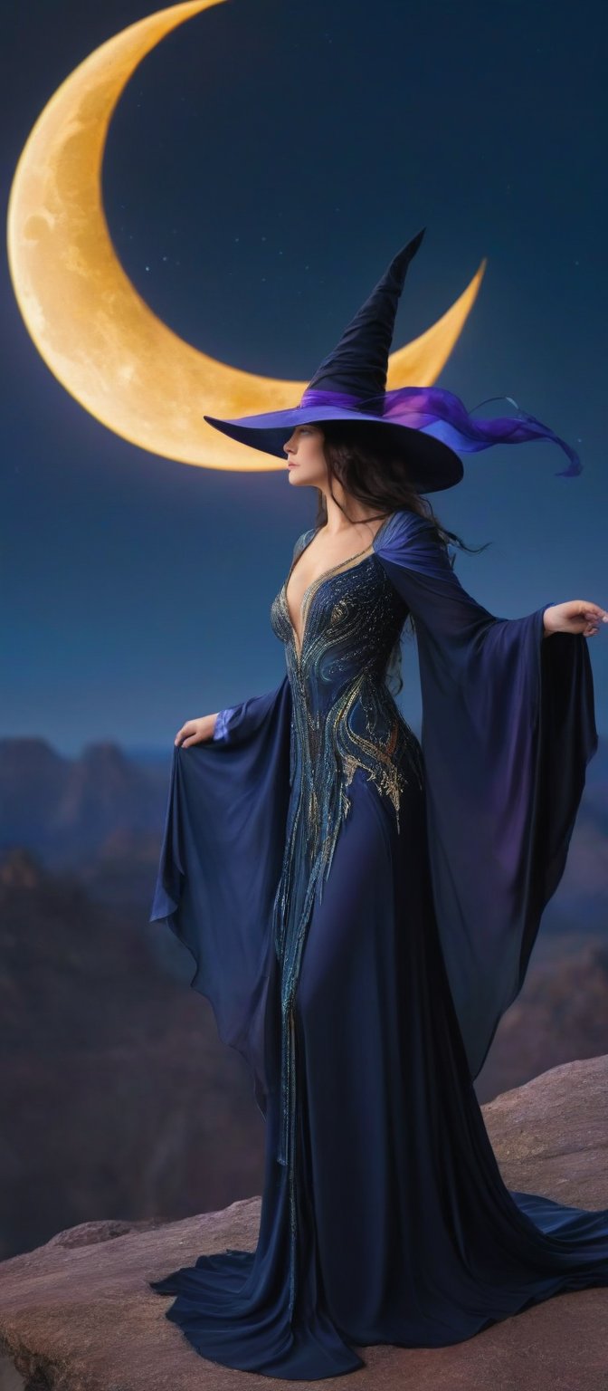 Vibrant Masterpiece: A bewitching sorceress perches upon the radiant curve of a full crescent moon, her exquisite features illuminated by an otherworldly glow. Her majestic witch's robe flows like silk in the soft lunar light, while her pointed hat casts a mystical shadow on the dreamlike landscape. The subject's curvaceous figure is rendered in stunning detail, as if sculpted from the very essence of magic itself.