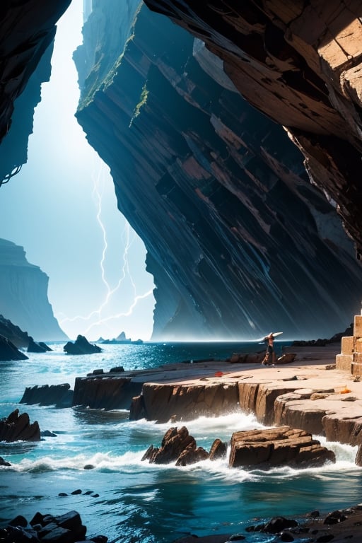Generate an extremely realistic image of her in a coastal cave with a harsh climate. The stormy weather represents her perseverance and courage.