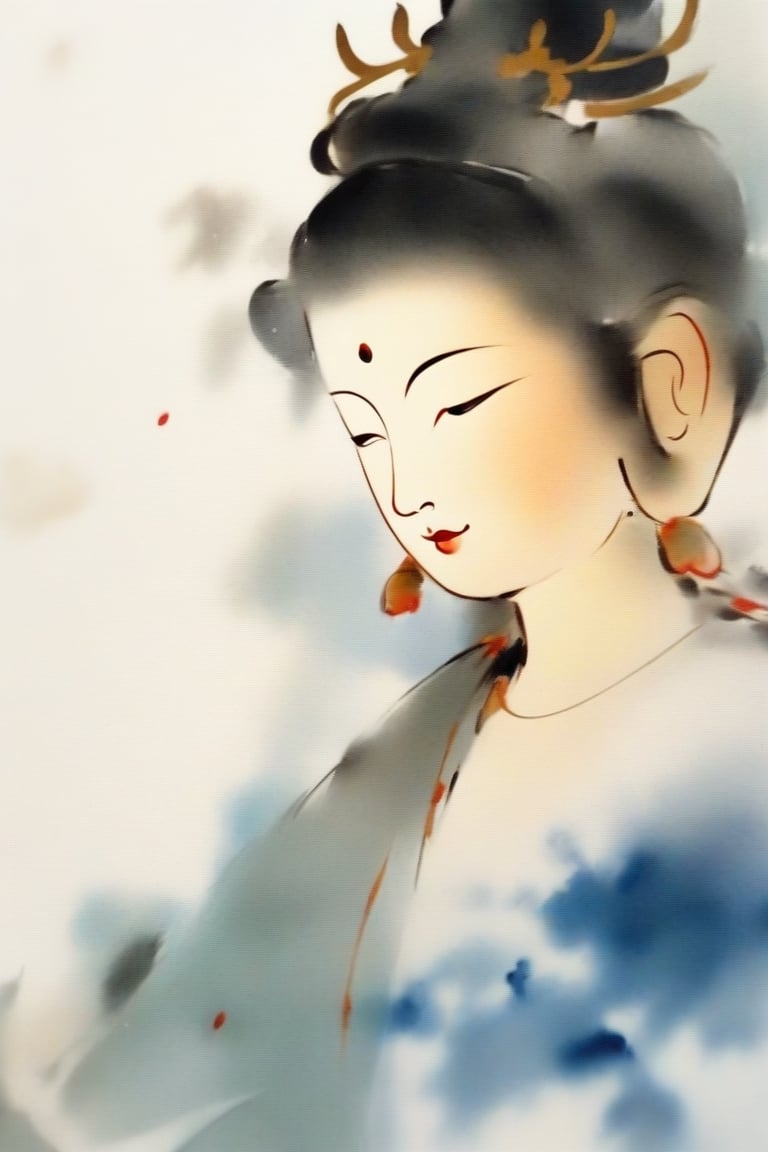 There is a statue of Bodhisattva on a blank piece of paper, close-up of the face, detailed, solemn, kind, side view, painted in ink painting, abstract drawing style, simple painting lines, painted with simple lines: 1.5, ink blurred Effect: 1.5, ink halo embellishment: 1.5, Zen style,