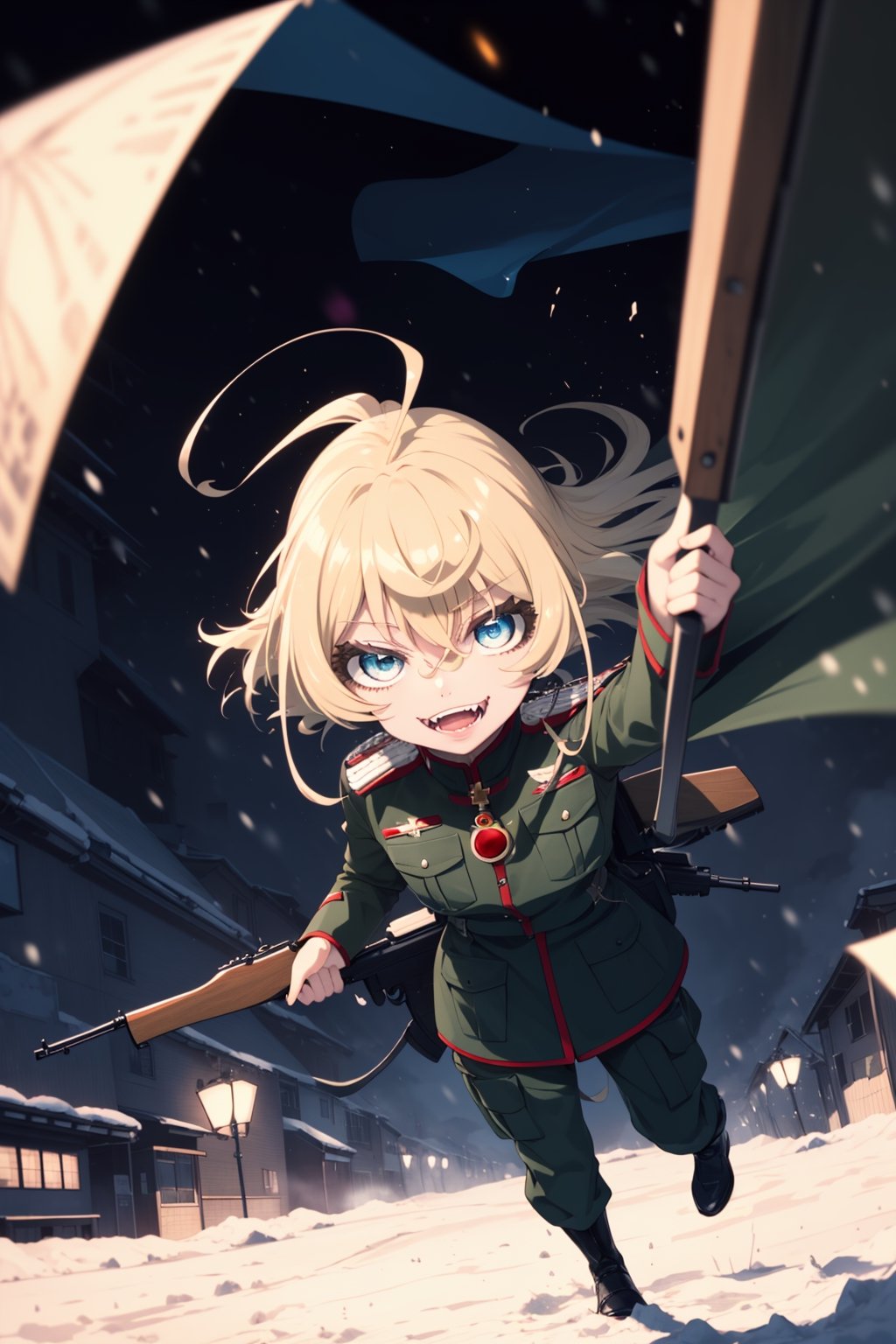 masterpiece, high resolution, sharp contrast, The Saga of Tanya the Evil,Solo Girl,graphic novel illustration, dystopian, full body,
looking at the viewer,1girl, solo, cute girl, 15 years old,blonde hair, short hair, light blue eyes, (devilish smile,fangs:1.3),Closed mouth,
aiming at the viewer with a rifle, small blood stains on the clothes, a beautiful military girl in winter,  military officer outfit,night in the snow on a poor street of a  night city, burning flag behind in the background, natural light,
falling snow,