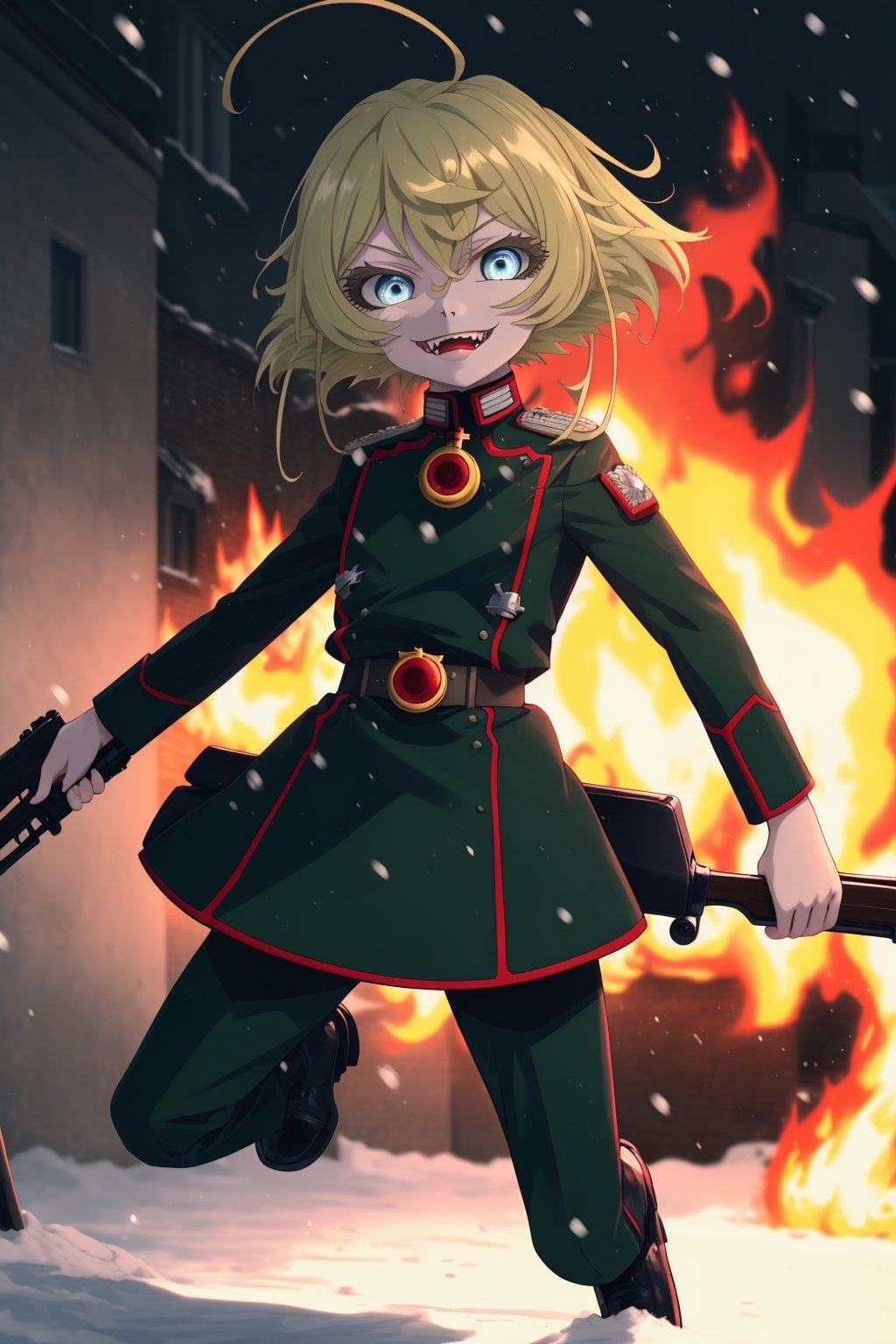 masterpiece, high resolution, sharp contrast, The Saga of Tanya the Evil,Solo Girl,graphic novel illustration, dystopian, full body,
looking at the viewer,1girl, solo, cute girl, 15 years old,blonde hair, short hair, light blue eyes, (devilish smile,fangs:1.3),Closed mouth,posing with a rifle on his shoulder, a beautiful military girl in winter,  military officer outfit,night in the snow on a poor street of a  night city, burning flag behind in the background, natural light,
falling snow,
