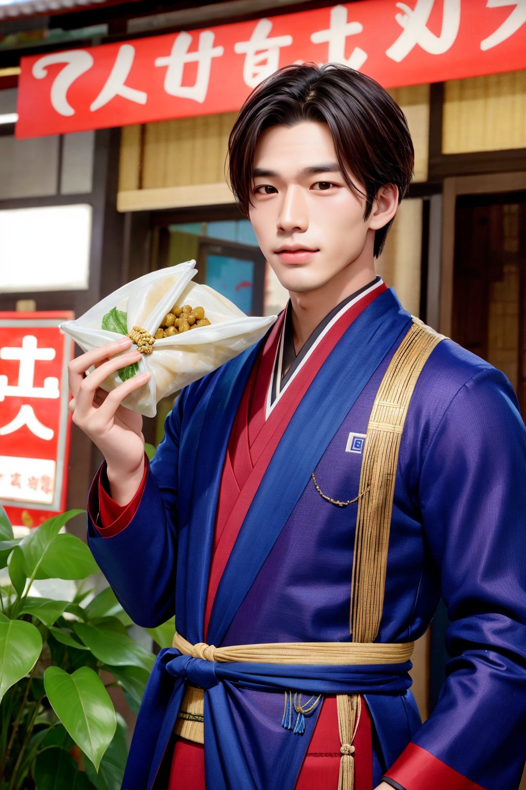 A handsome man is holding a Zongzi