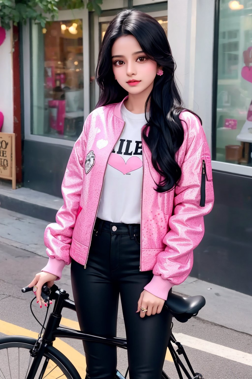 Lovely cute young attractive indian girl, 35 years old, cute long black_hair, black hair, They are wearing a pink , patterned Jen's jacket and black jeans, varsity jacket , white shoes. Riding bike
