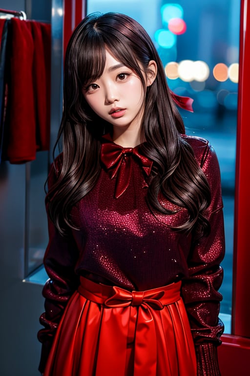 a young woman,looking at the camera, posing,ulzzang, streaming on twitch, character album cover,red moment,style of bokeh,daily wear,moody lighting,appropriate comparison of cold and warm, hair over one eye, bow on head, reality,idol,Beauty,beauty