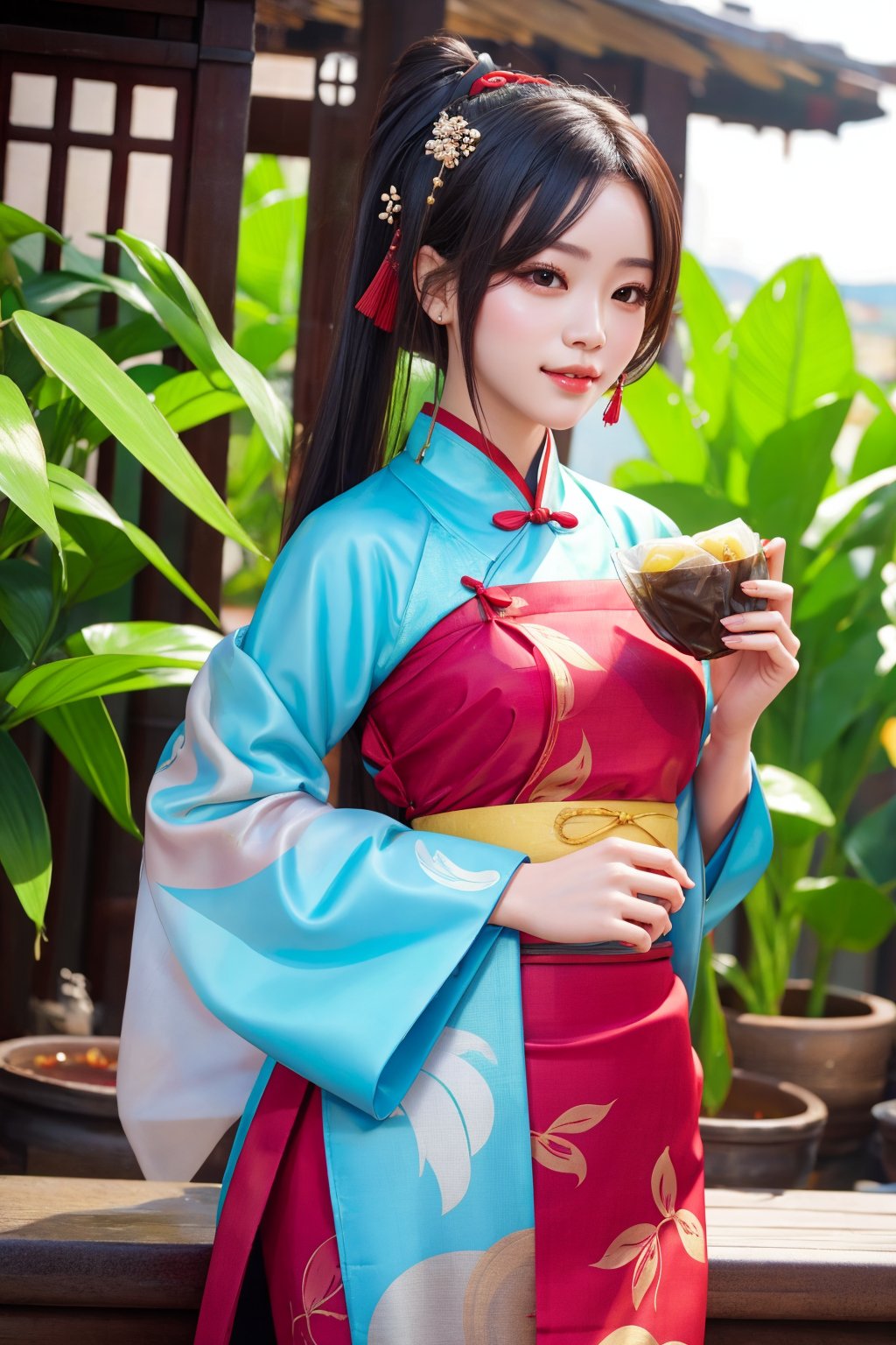 A beautiful woman is holding a Zongzi