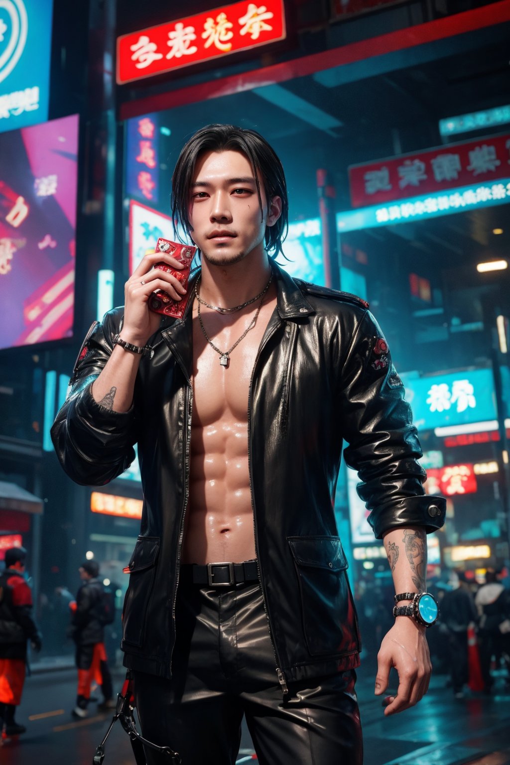 cyberpunk, A handsome man is holding a Zongzi