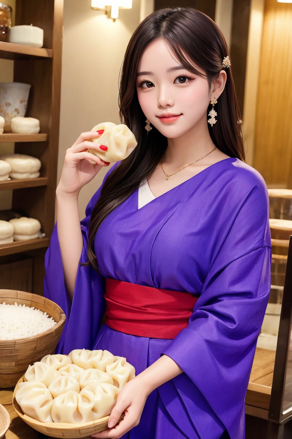 A beautiful woman is holding a rice dumpling