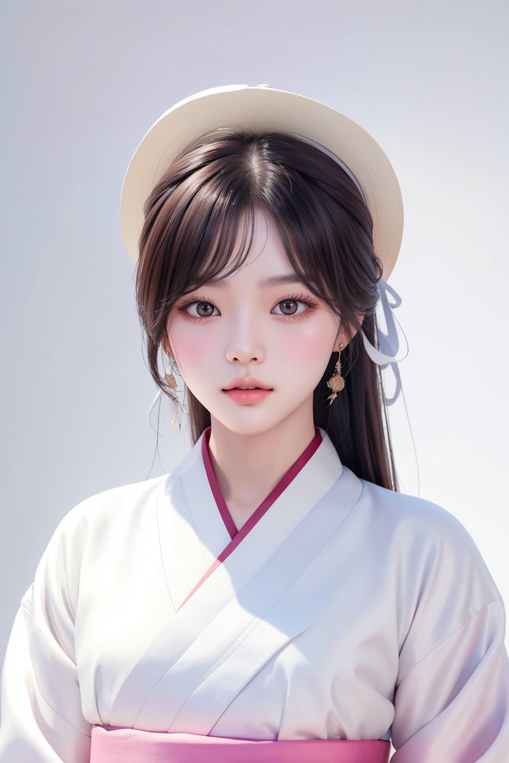 A 20-year-old Korean young lady in a traditional, elegant Hanbok, showcasing a more natural and realistic appearance. The Hanbok is in tasteful pastel colors, enhancing her subtle beauty. This image aims to capture a high level of realism, akin to a photograph taken with a Hasselblad camera. It includes fine details such as distinct pores on her forehead and cheeks, a small scar on her chin from a childhood accident, and a slightly asymmetrical mouth and eyes. The overall look should be a harmonious blend of cultural elegance and realistic, individual characteristics.",Taiwanese girl, frontal photo, smooth and neat hair, wavy medium-long hair, glossy hair, bangs, fair and round face, big eyes, real photo, natural light and shadow, pure white background, white clothes, background color and The hair contrast is obvious, high resolution, super real details