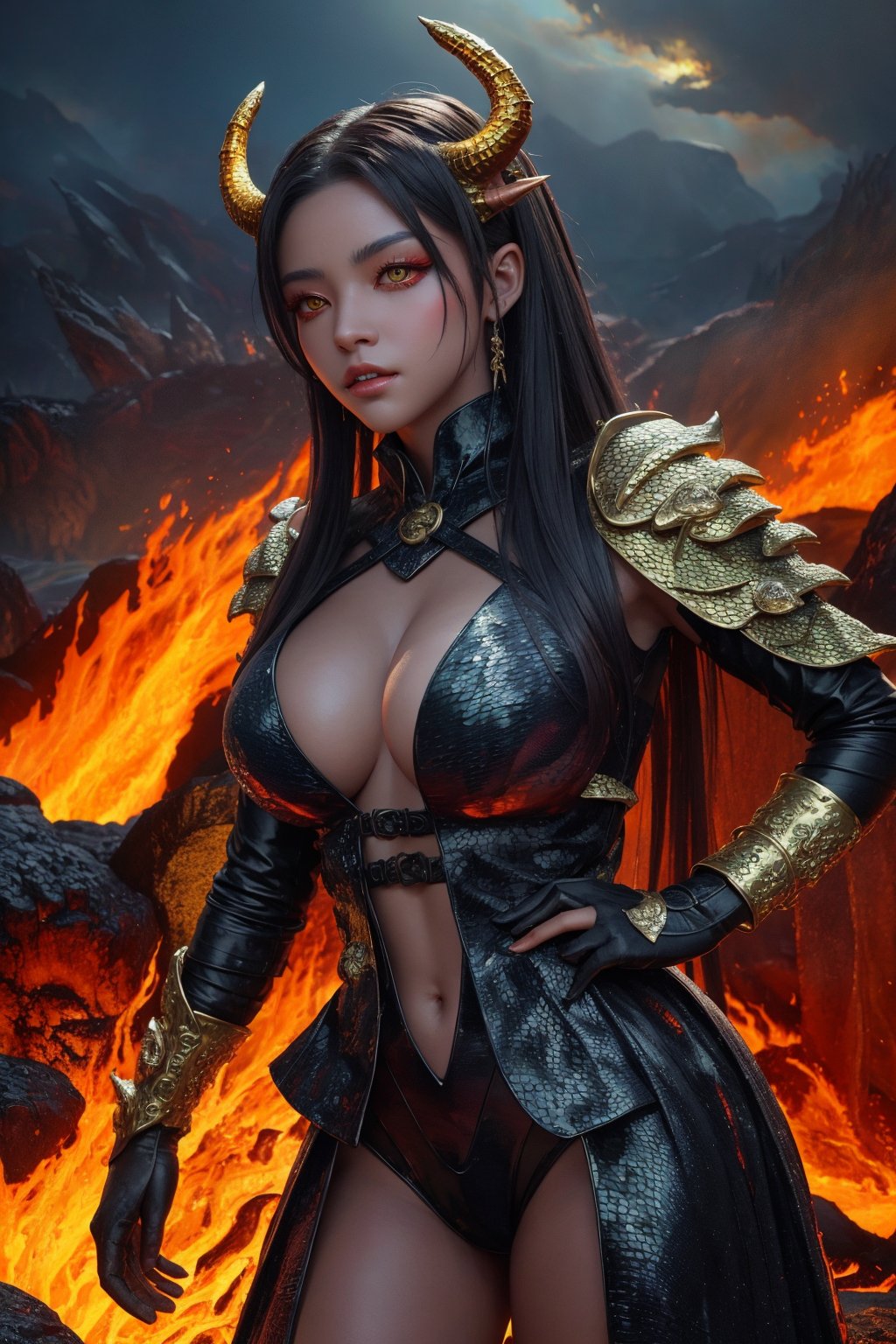 masterpiece, 16k Fantasy art style I want a dragon woman with dragon scales and yellow eyes and with a pupil like a dragon, his skin has scales, a penetrating, natural and powerful gaze. that this is the apocalyptic landscape with fire or lava,More Detail y don't want any dragon in the back ,DRG,apocalypse