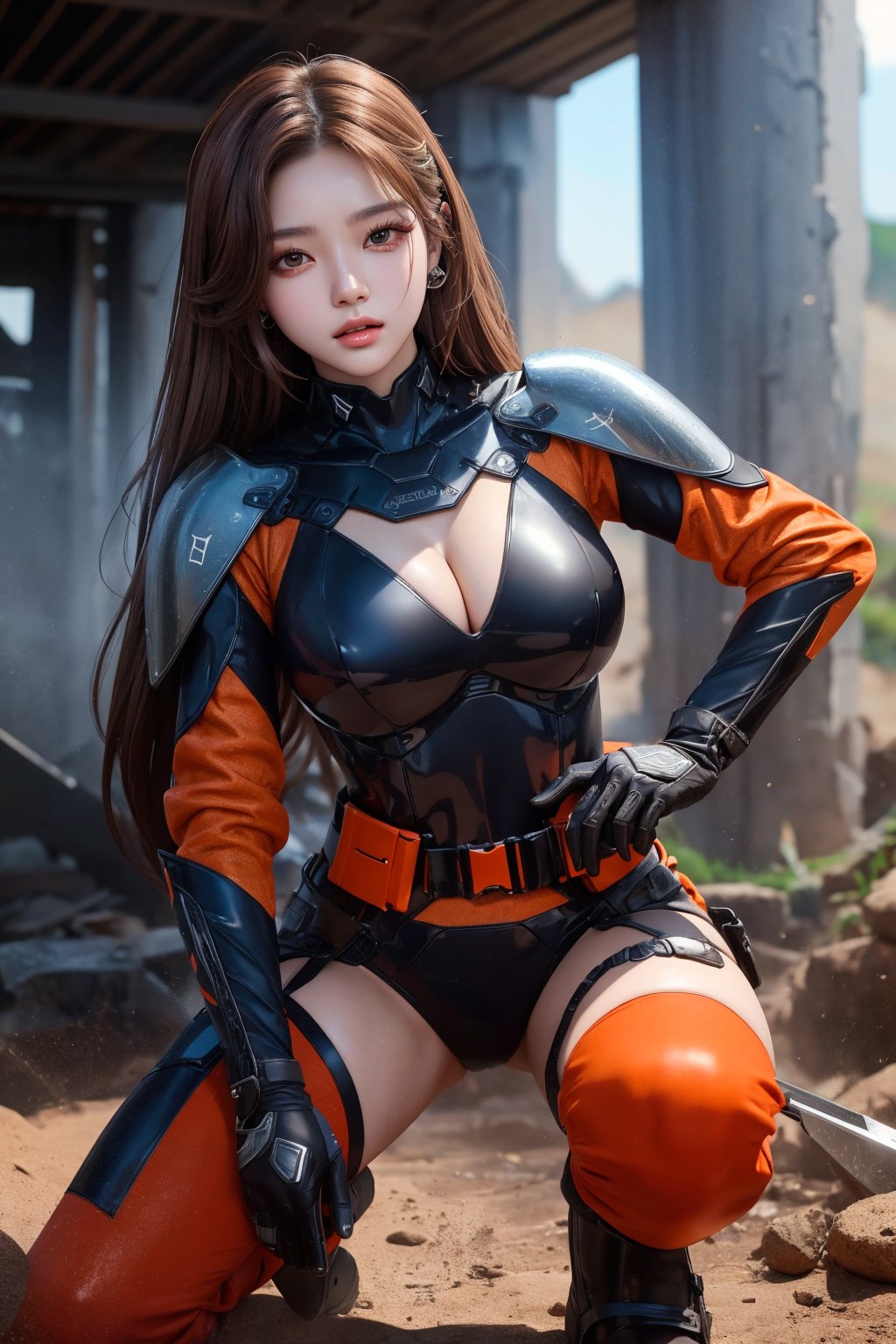 score_9, score_8_up, score_7_up, stellar_blade_tachy, a 17-years-old ethereal and breathtakingly glamorous korean idol, in a war zone, trench, close-up, perfect busty model body, brown eyes, brown long hair, balayage hair, gloves, orange-black two tones armor, combat suit with external skeleton design, pencil sktech, masterpiece, best quality, official art, beauty & aesthetic, IncrsNikkeProfile, zoom layer, holding weapon, holding gun, one knee