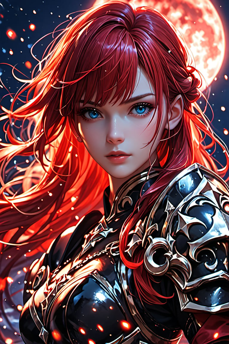 score_9, score_8_up, score_7_up,score_6_up, high resolution, BREAK 1girl, solo, fantasy character, long hair, blue eyes, red hair, bangs, black Armor, hard light, looking at viewer, red moon, moon particles, night,