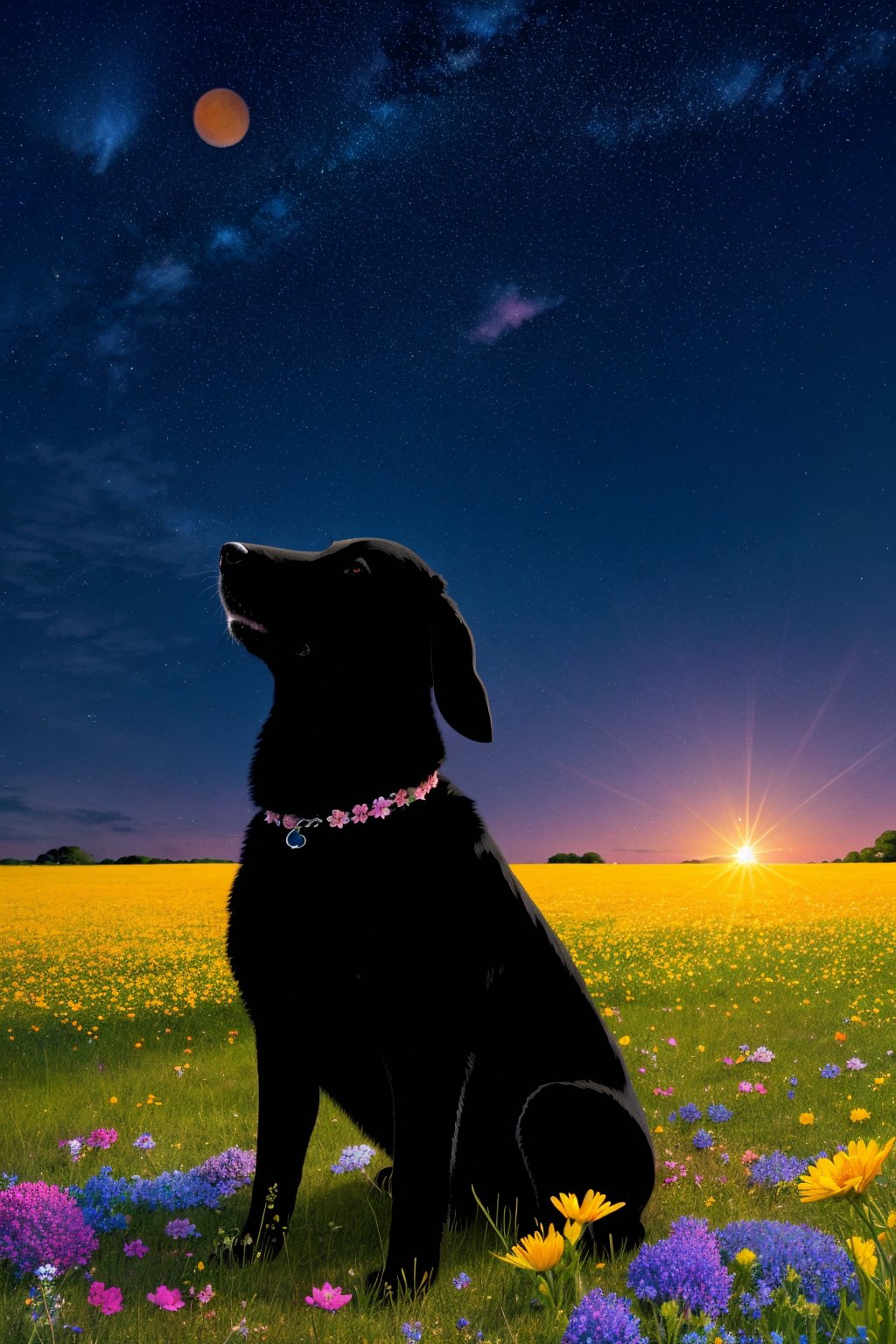 A serene nighttime landscape with a black dog sitting amidst a vibrant field of flowers. The dog is positioned towards the left side of the image, gazing upwards. The sky above is painted in deep blue hues, dotted with numerous white specks, representing stars. The horizon showcases a gentle slope, transitioning from the night sky to a warm orange, possibly indicating a sunset or sunrise. The field is teeming with a variety of flowers in shades of pink, blue, and yellow, with intricate details and patterns on each bloom.