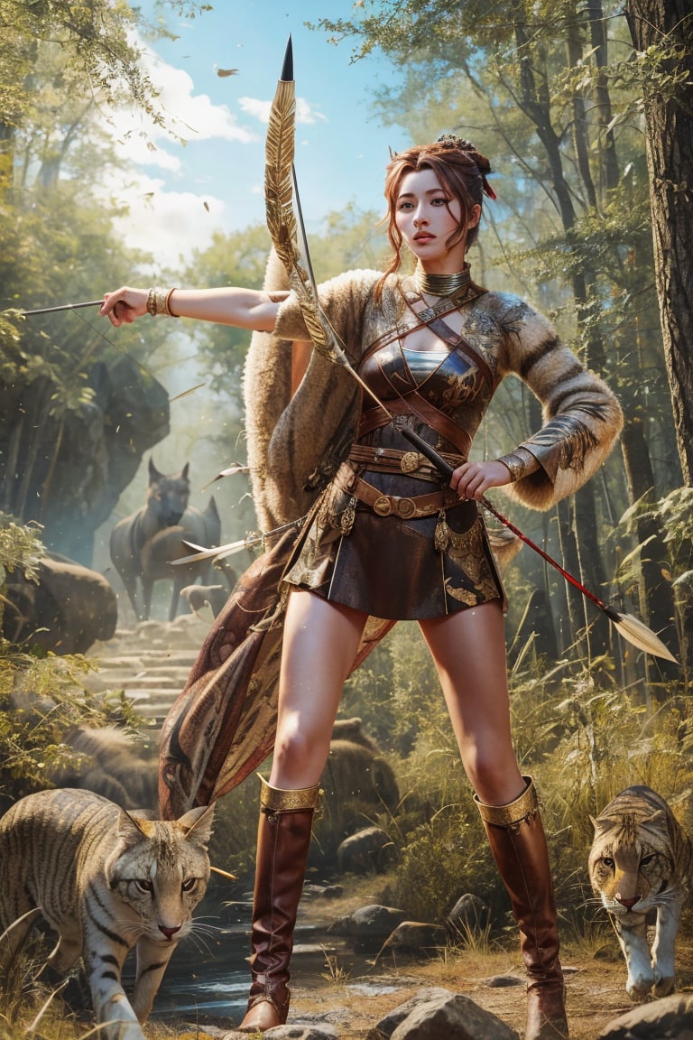 Queen of hunting full body, Artemis is a fierce and agile huntress, with a bow and quiver of arrows at her side. Her eyes are sharp and focused, and she is accompanied by wild animals.
