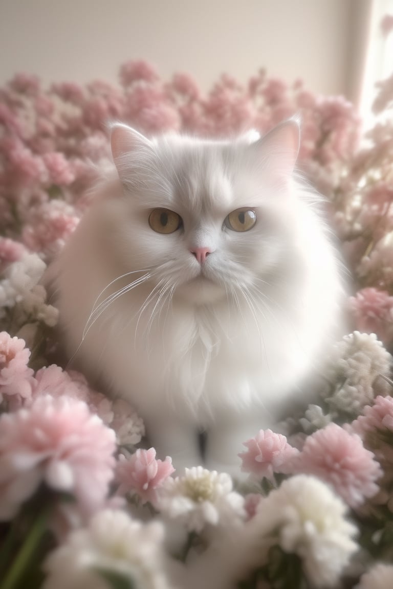 (RAW photo, best quality), (realistic, photo-Realistic:1.1), best quality, masterpiece, beautiful and aesthetic, 16K, (HDR:1.2), high resolution,, looking at viewer, blush, simple background, white background, flower, blurry, no humans, animal, traditional media, cat, realistic, animal focus, whiskers