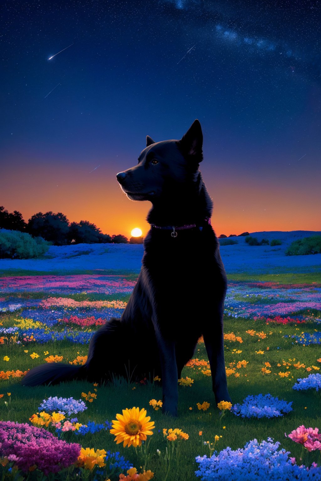 A serene nighttime landscape with a black dog sitting amidst a vibrant field of flowers. The dog is positioned towards the left side of the image, gazing upwards. The sky above is painted in deep blue hues, dotted with numerous white specks, representing stars. The horizon showcases a gentle slope, transitioning from the night sky to a warm orange, possibly indicating a sunset or sunrise. The field is teeming with a variety of flowers in shades of pink, blue, and yellow, with intricate details and patterns on each bloom.