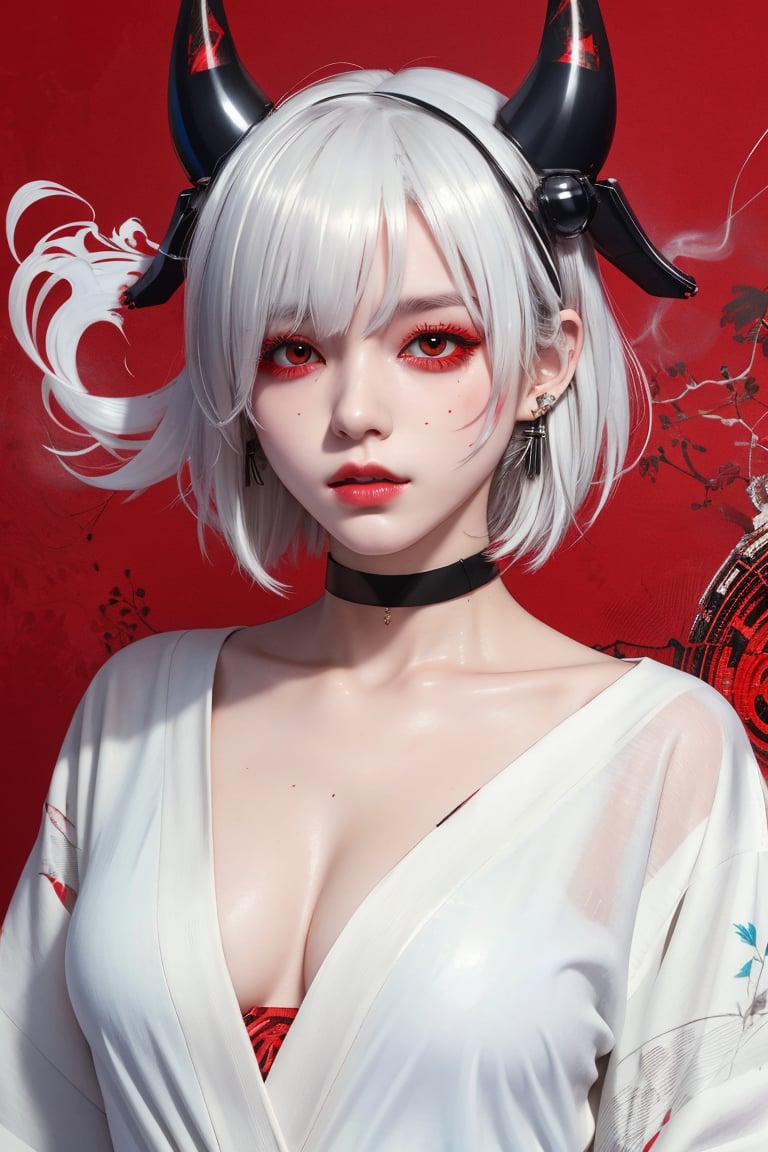 (by Carne Griffiths, Conrad Roset), 1girl,cyborg,android,mechanical, mechanical parts, mechanical joints, solo, looking at viewer, short hair, bangs, red eyes, animal ears, jewelry, upper body, white hair, earrings, japanese clothes, horns, choker, kimono, animal ear fluff, black choker, halo, red background, smoke, cigarette, white kimono, smoking, egasumi m3,Dark Manga of,Dark Anime of