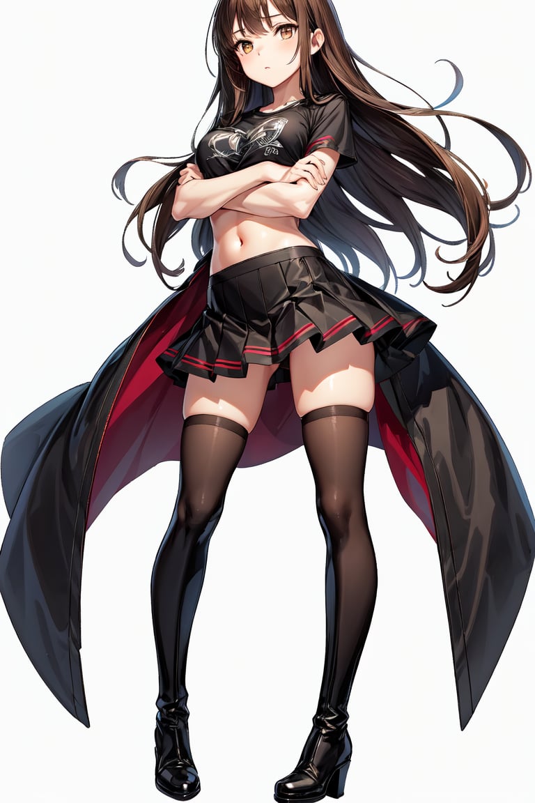 1girl, solo, long hair, skirt, simple background, brown hair, shirt, black hair, thighhighs, white background, navel, brown eyes, full body, boots, midriff, black thighhighs, black footwear, zettai ryouiki, thigh boots, crossed arms, t-shirt