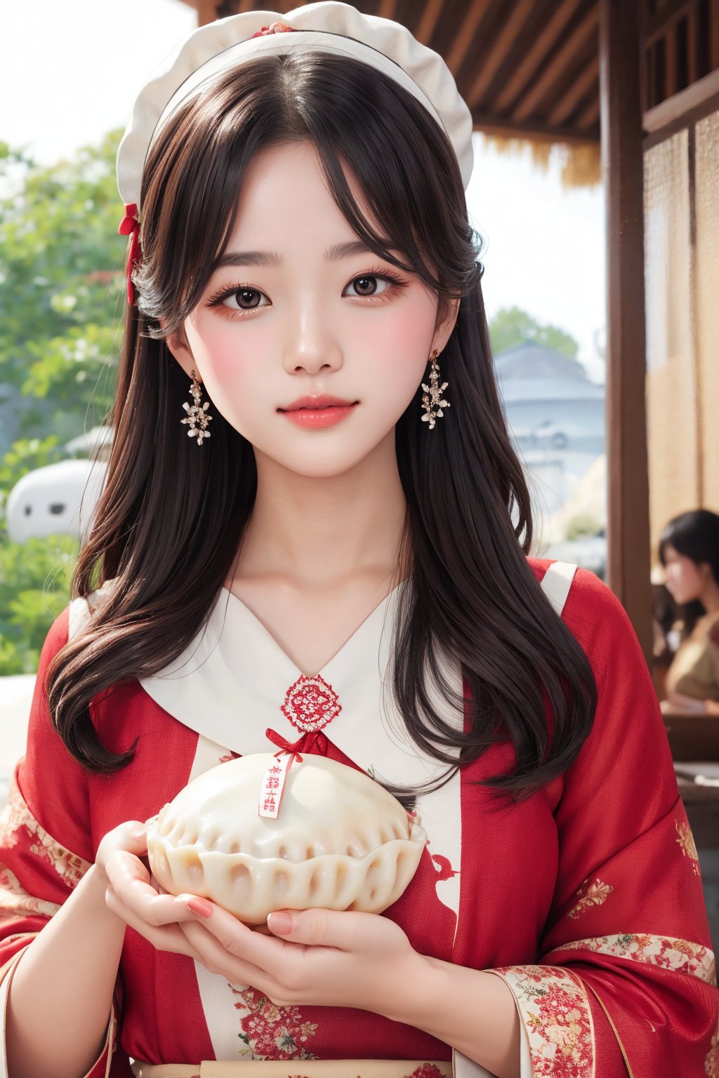 A beautiful woman is holding a rice dumpling