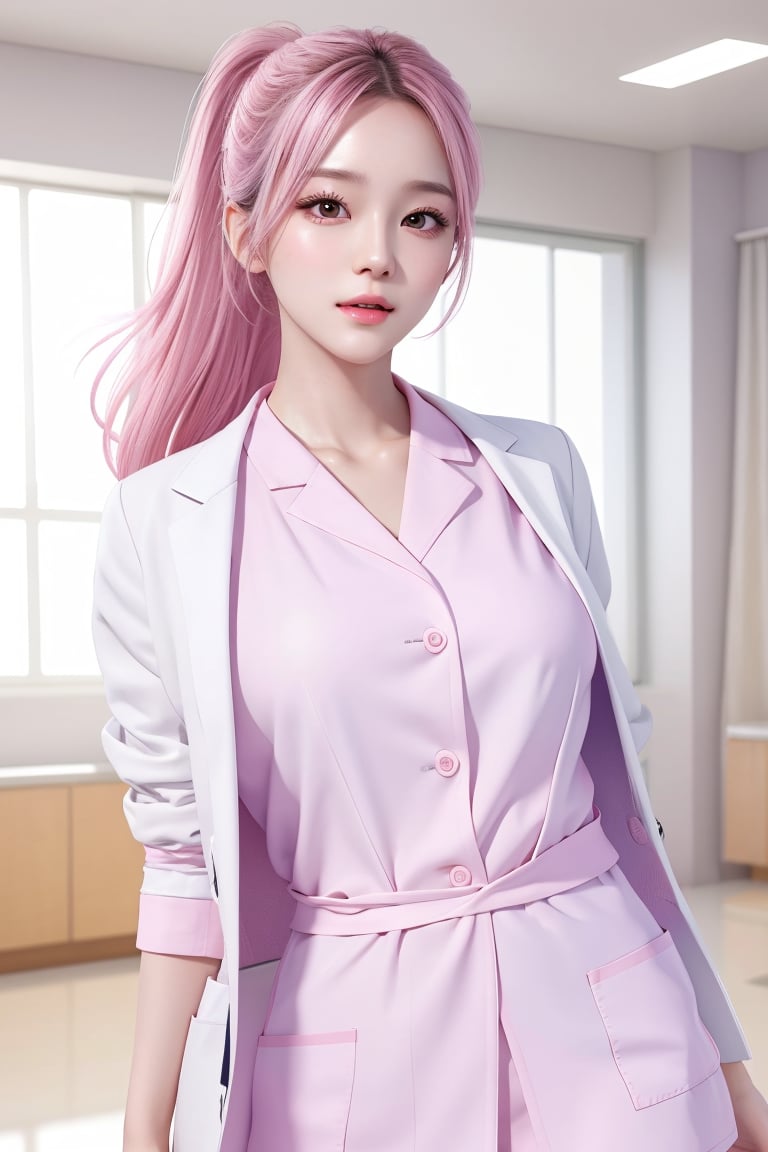 masterpiece, best quality, 1girl, modern hospital, (dancing), Beautiful Japanese female doctor wearing white labcoat over pink scrubs,beautiful detailed face, pale skin, realistic skin, detailed cloth texture, detailed hair texture, accurate, Anatomically correct, Highly detailed face and skin texture , looking at viewer
