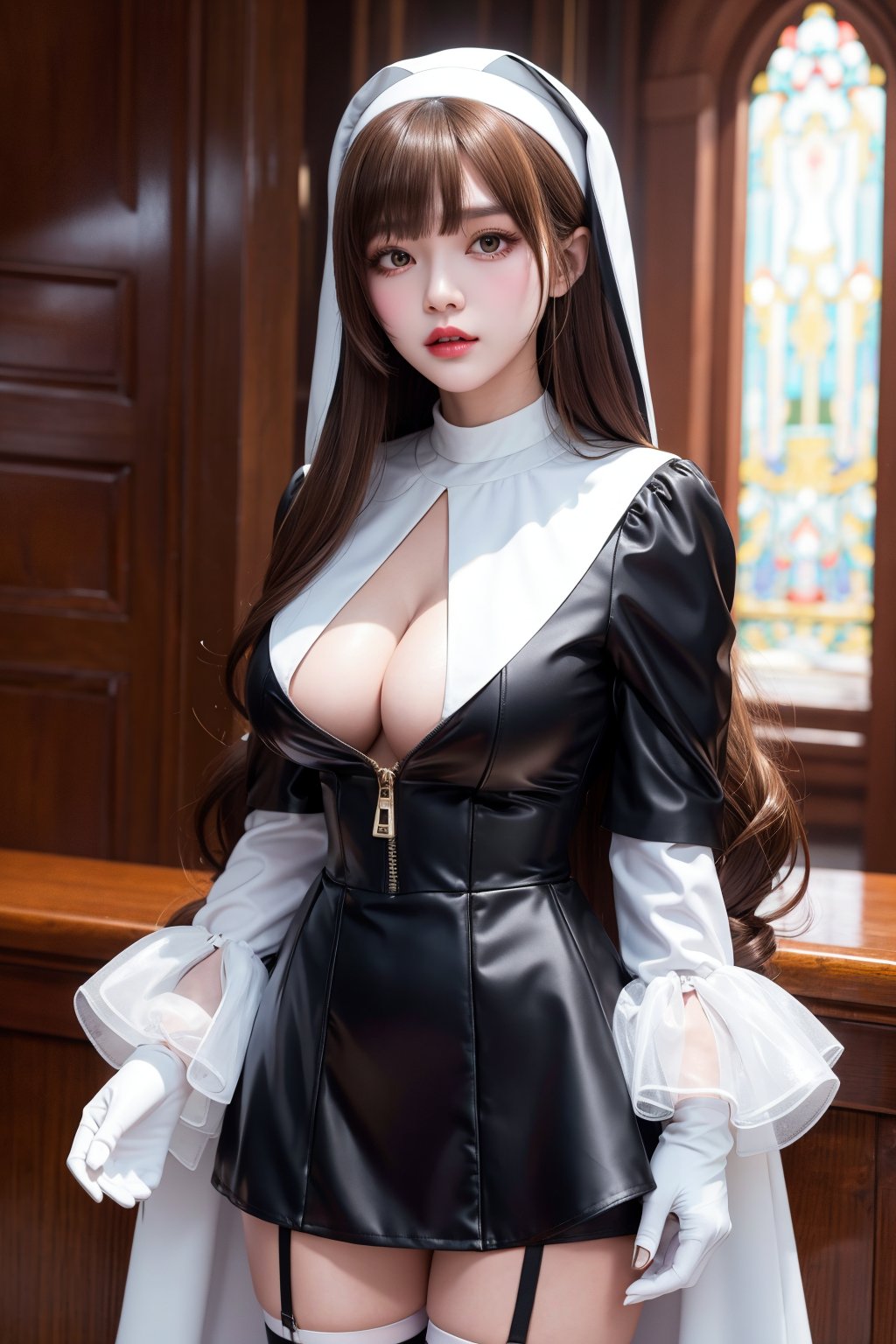 masterpiece, best quality, highres, clearire1, 1girl, sister cleaire, white capelet, full-length zipper, nun, long hair, white gloves, habit, kneehighs, black socks, long sleeves, black dress, yellow eyes, large breasts, parted bangs, long dress, ribbon, light brown hair, very long hair, blonde hair,