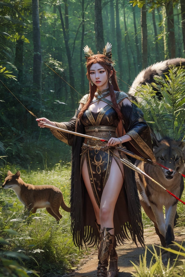 Queen of hunting full body, Artemis is a fierce and agile huntress, with a bow and quiver of arrows at her side. Her eyes are sharp and focused, and she is accompanied by wild animals.

